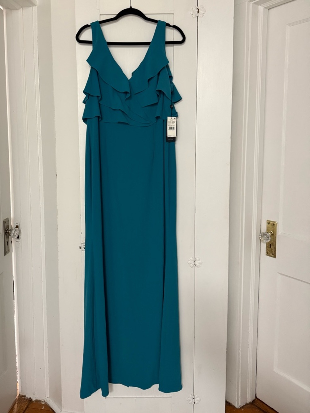 Adrianna Papell Teal Ruffle V-Neck Maxi Dress